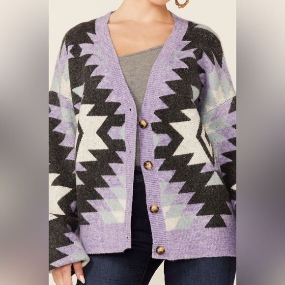 Hyfve Women’s Long Sleeve Lavender Geometric Button Cardigan Oversized sz S - Picture 5 of 15